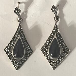 Vintage Sterling Silver 925 Black Teardrop Onyx And Marcasite Dangle Earrings